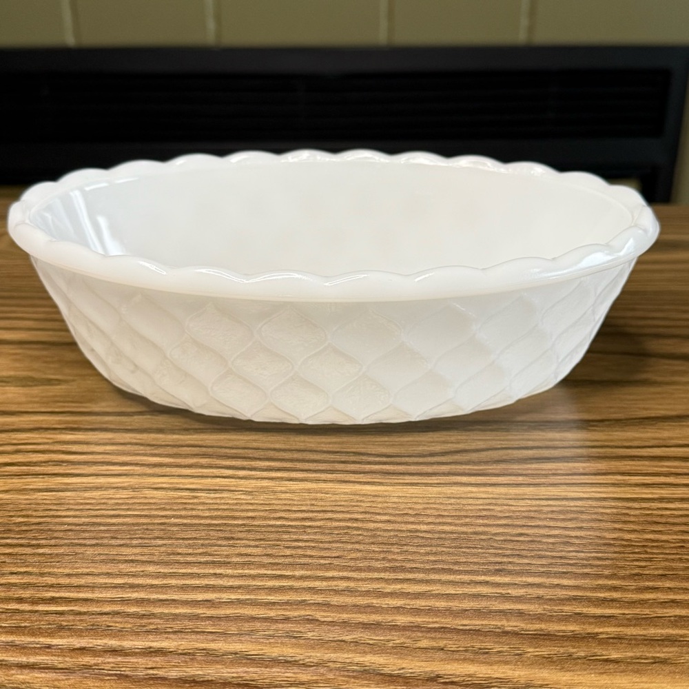 White Milk Glass Oval Bowl - Diamond Quilt Pattern